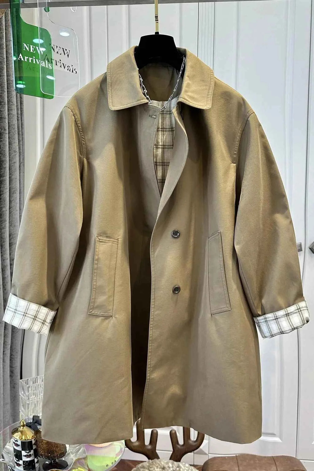 Khaki Plaid-Cuff Trench Coat