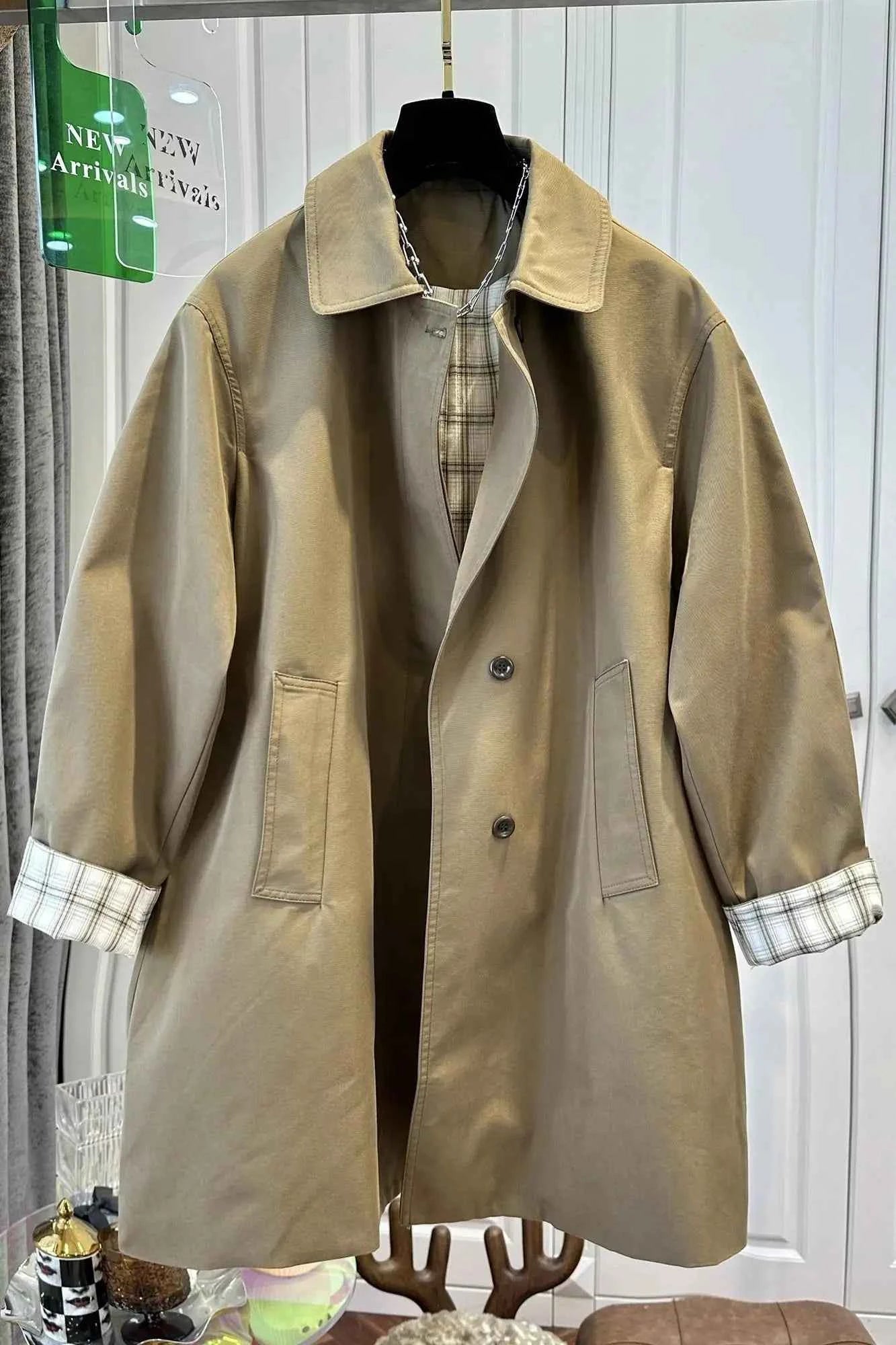Khaki Plaid-Cuff Trench Coat