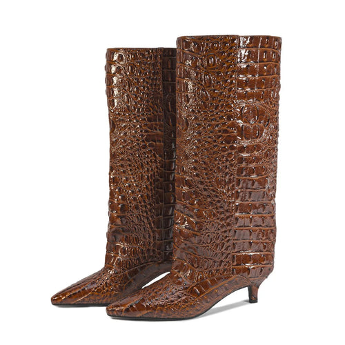 Women's Pointed Toe Kitten Heel Knee High Boots