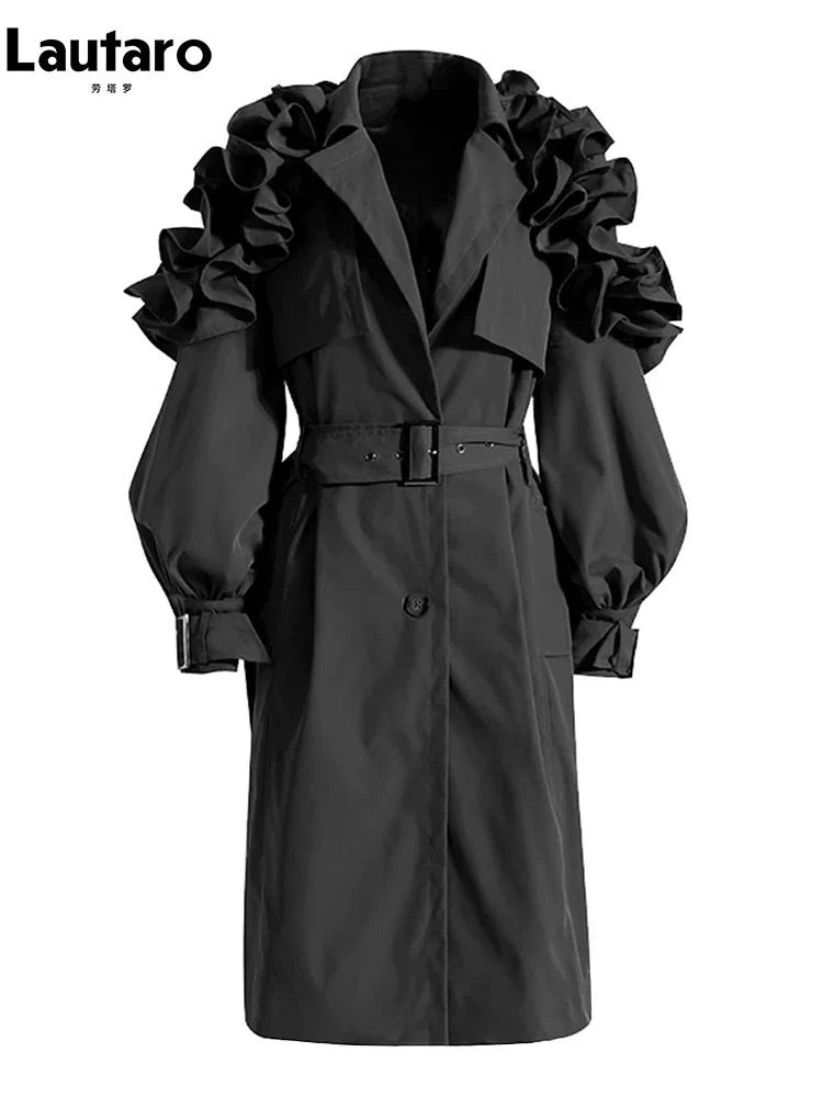 Ruffled Shoulder Belted Trench Coat - Isabella Mae
