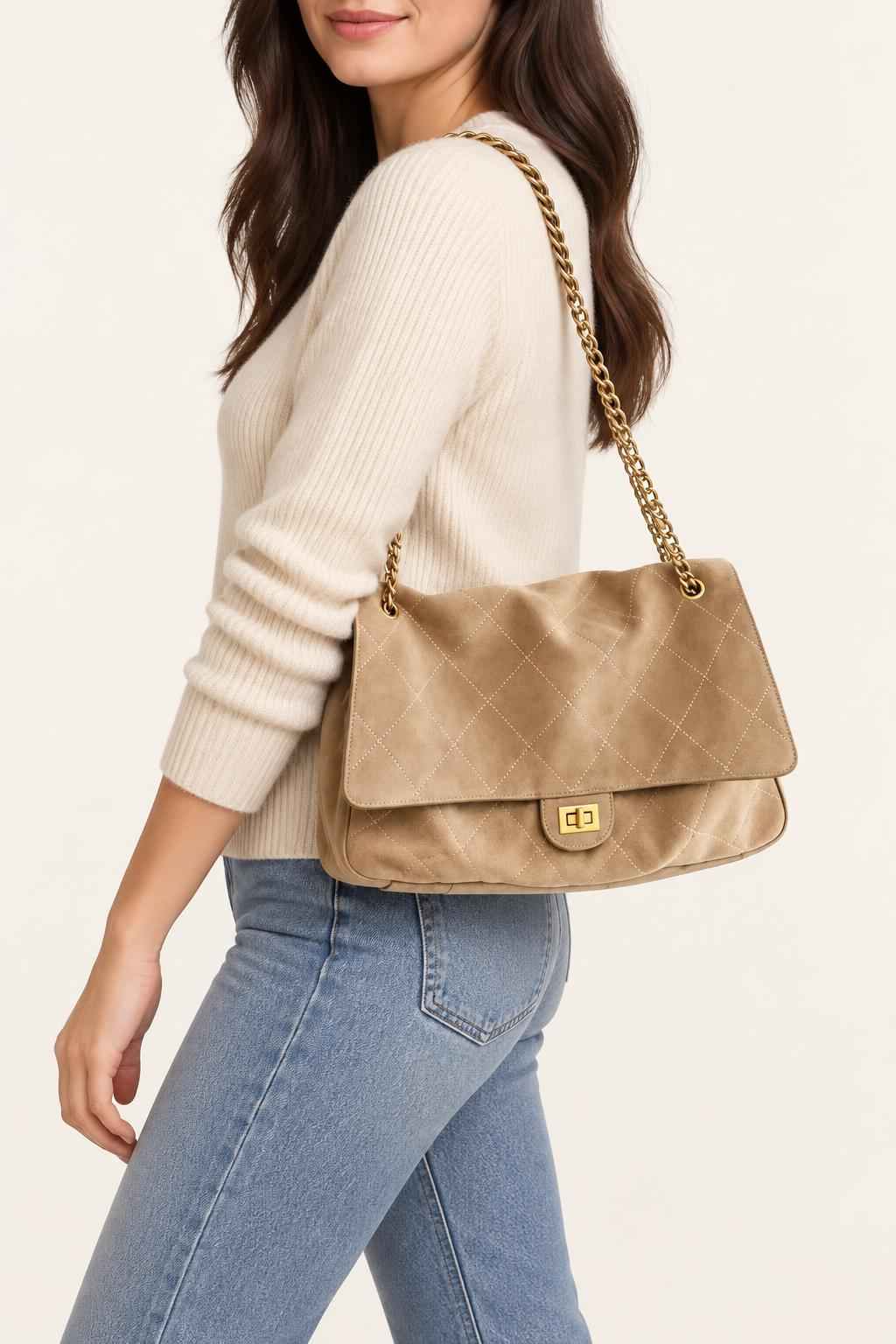 Khaki Quilted Chain Shoulder Bag