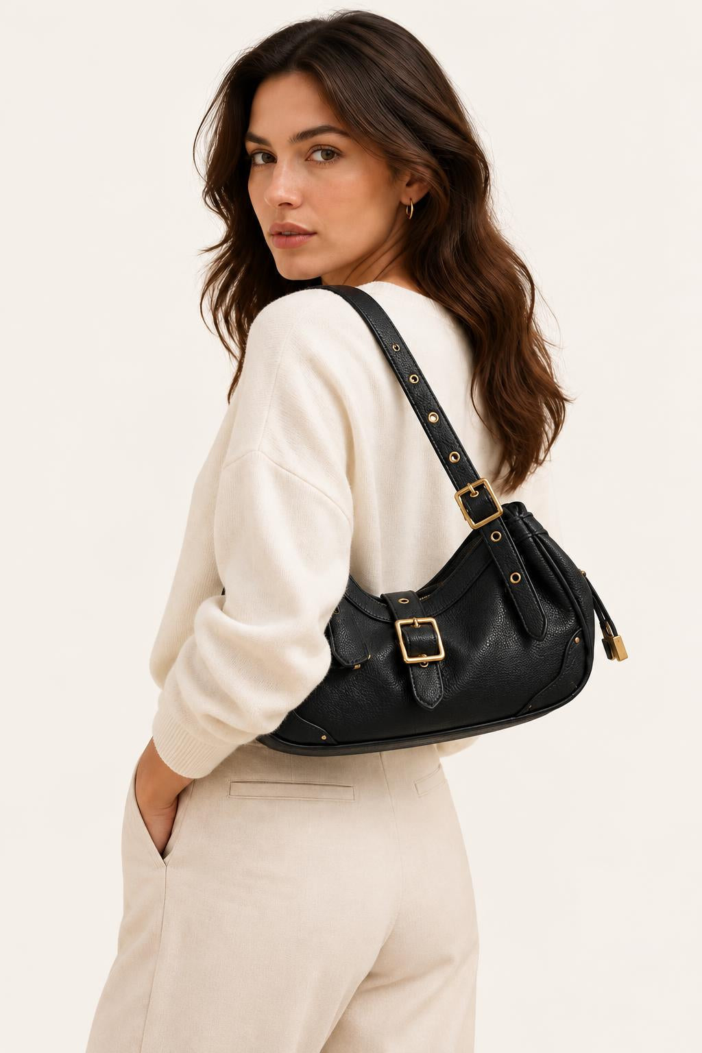 Buckle Detail Slouchy Shoulder Bag