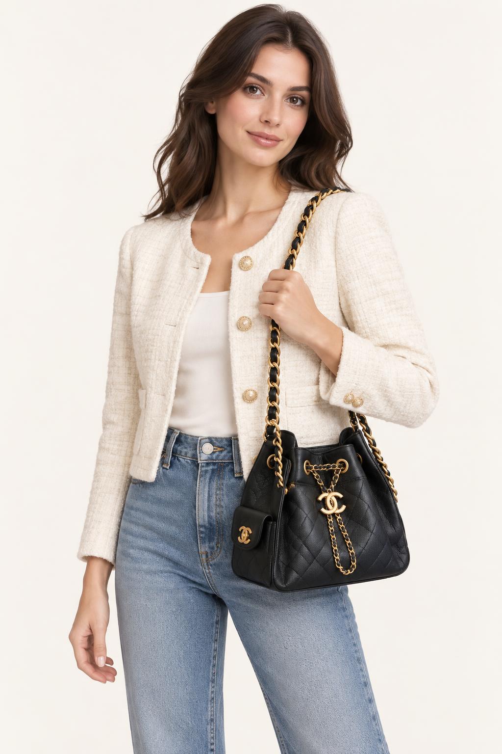 Quilted Chain Handle Bucket Bag