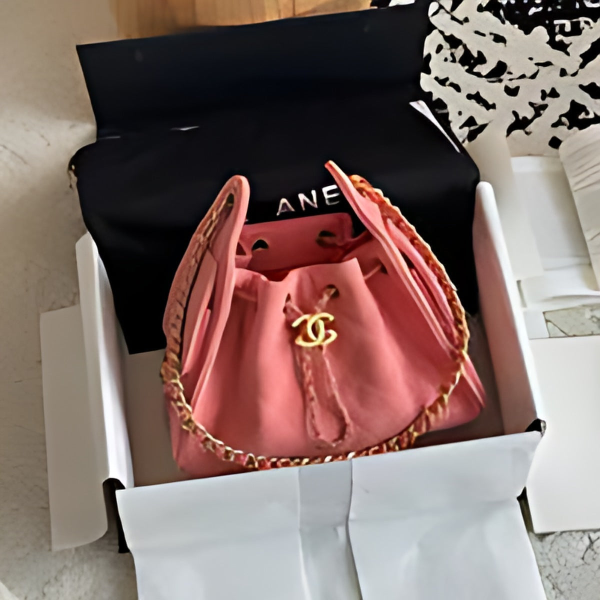 Quilted Chain Handle Bucket Bag